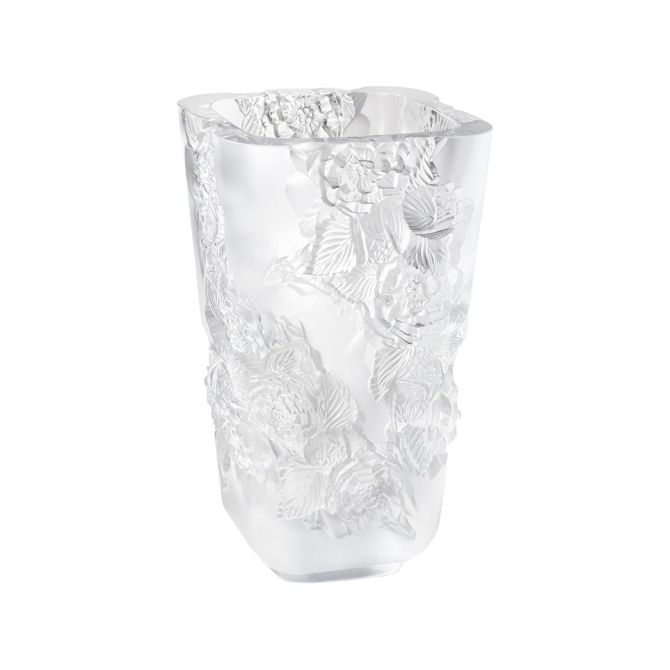 Lalique Pivoines Vase Large Size Clear Crystal For Sale