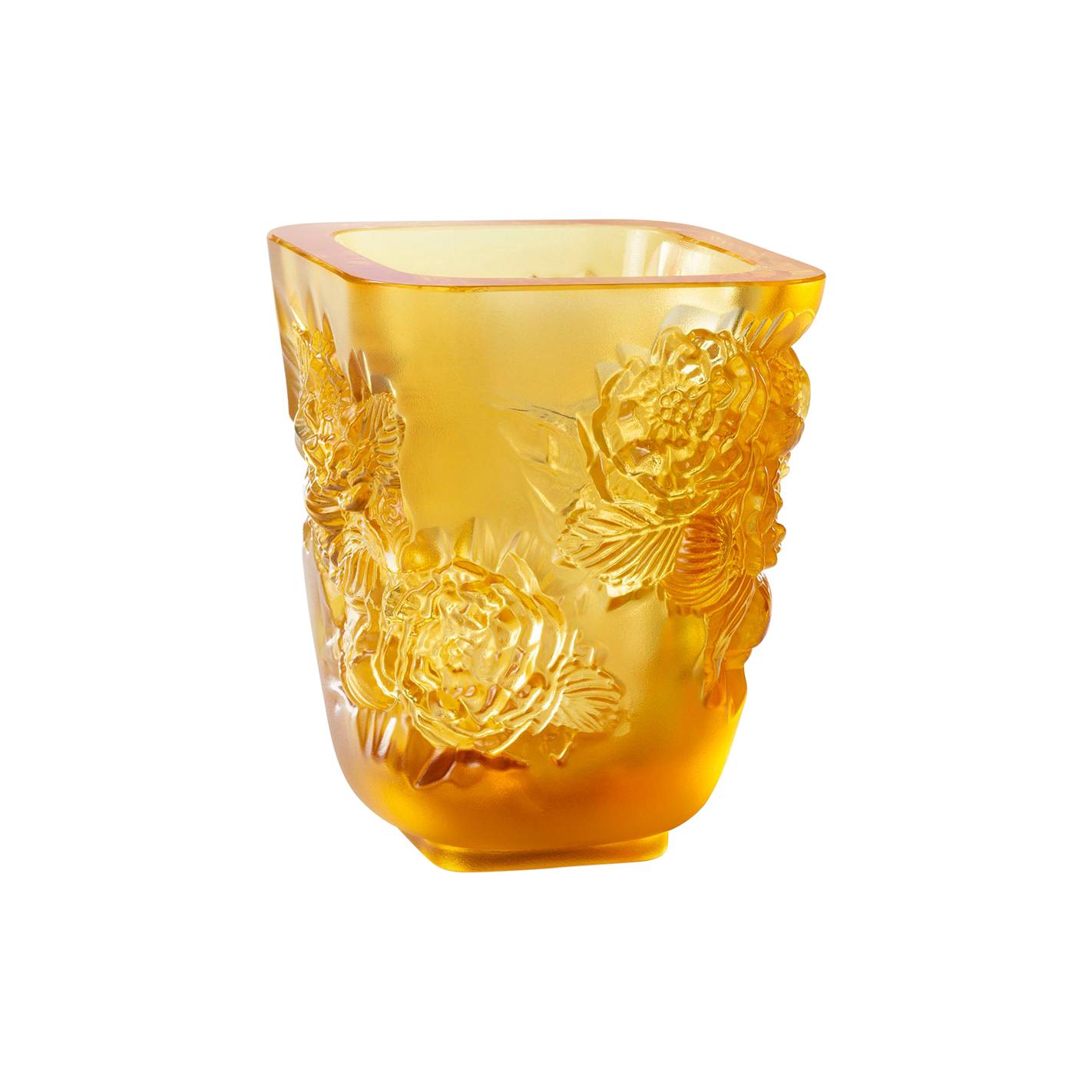Lalique Pivoines Vase Small Size Amber Crystal For Sale