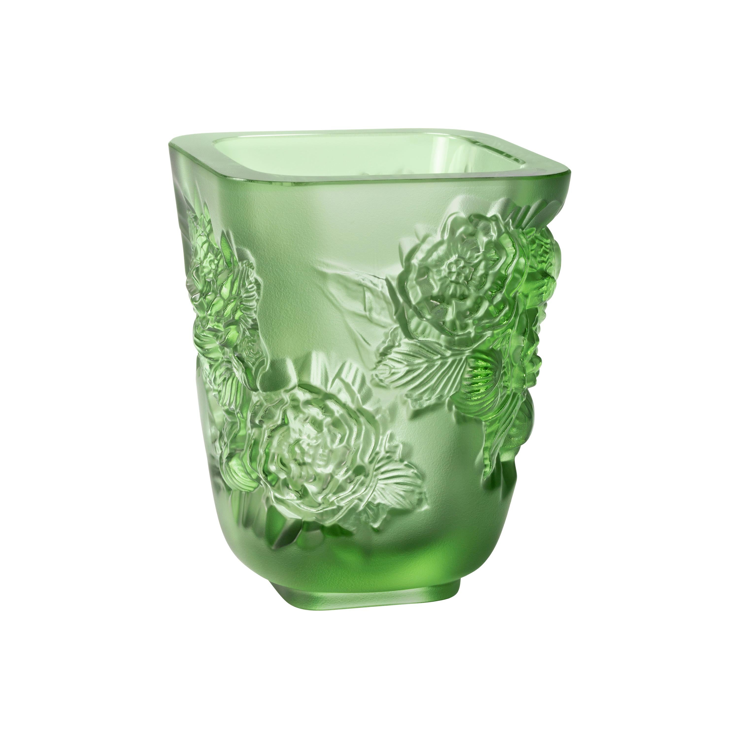 Lalique Pivoines Vase Small Size Green Crystal