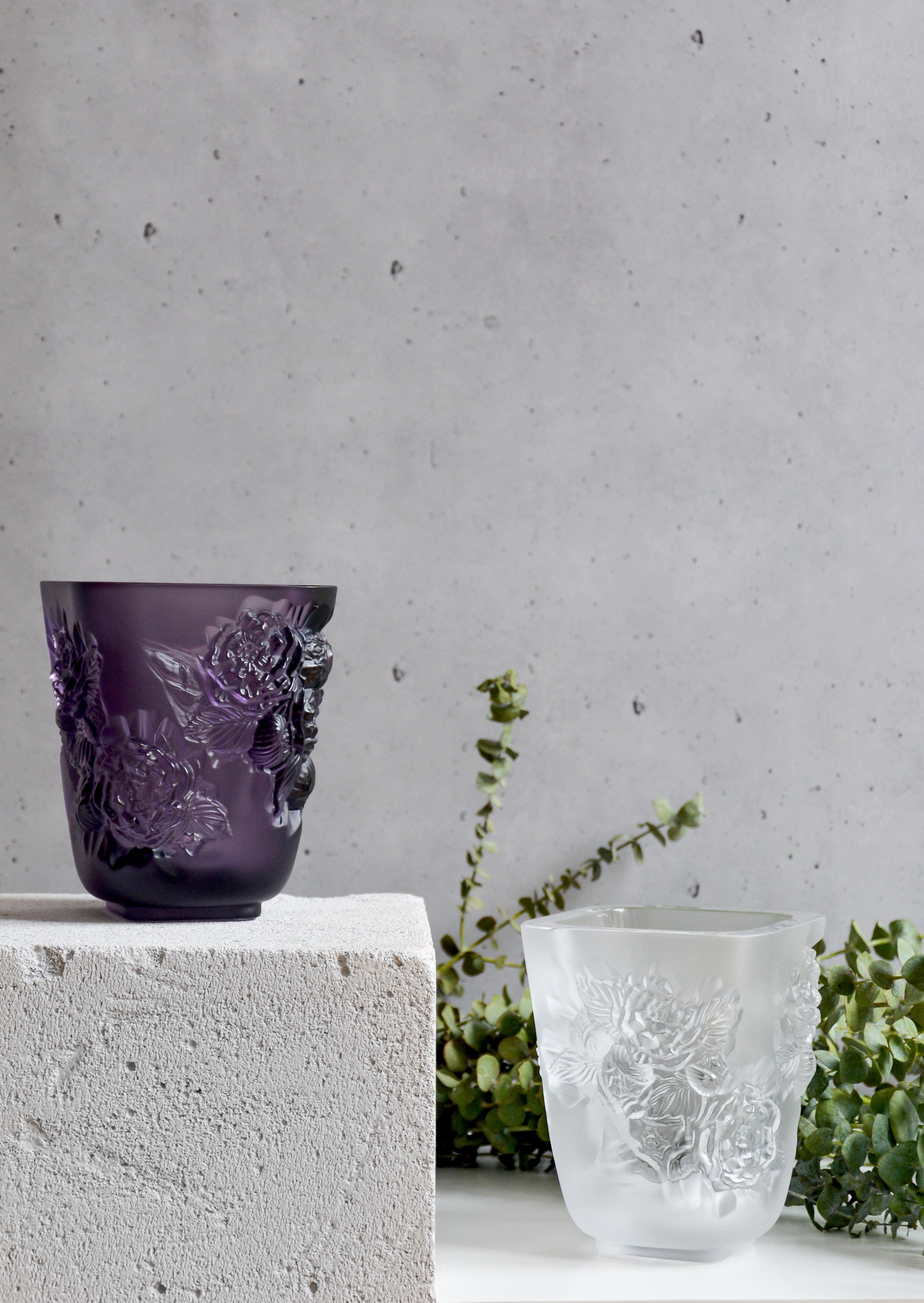 French Lalique Pivoines Vase Small Size Purple Crystal