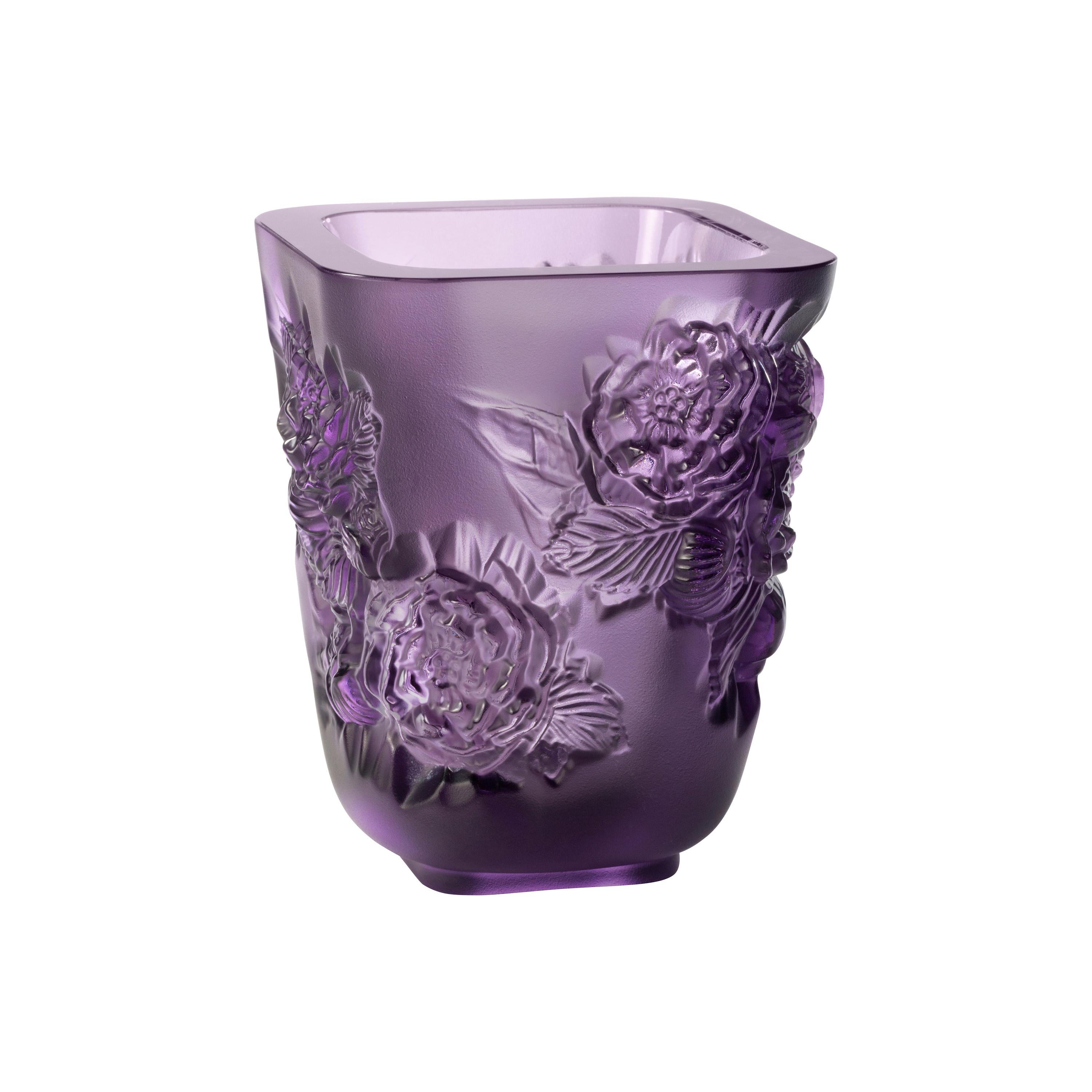 Lalique Pivoines Vase Small Size Purple Crystal