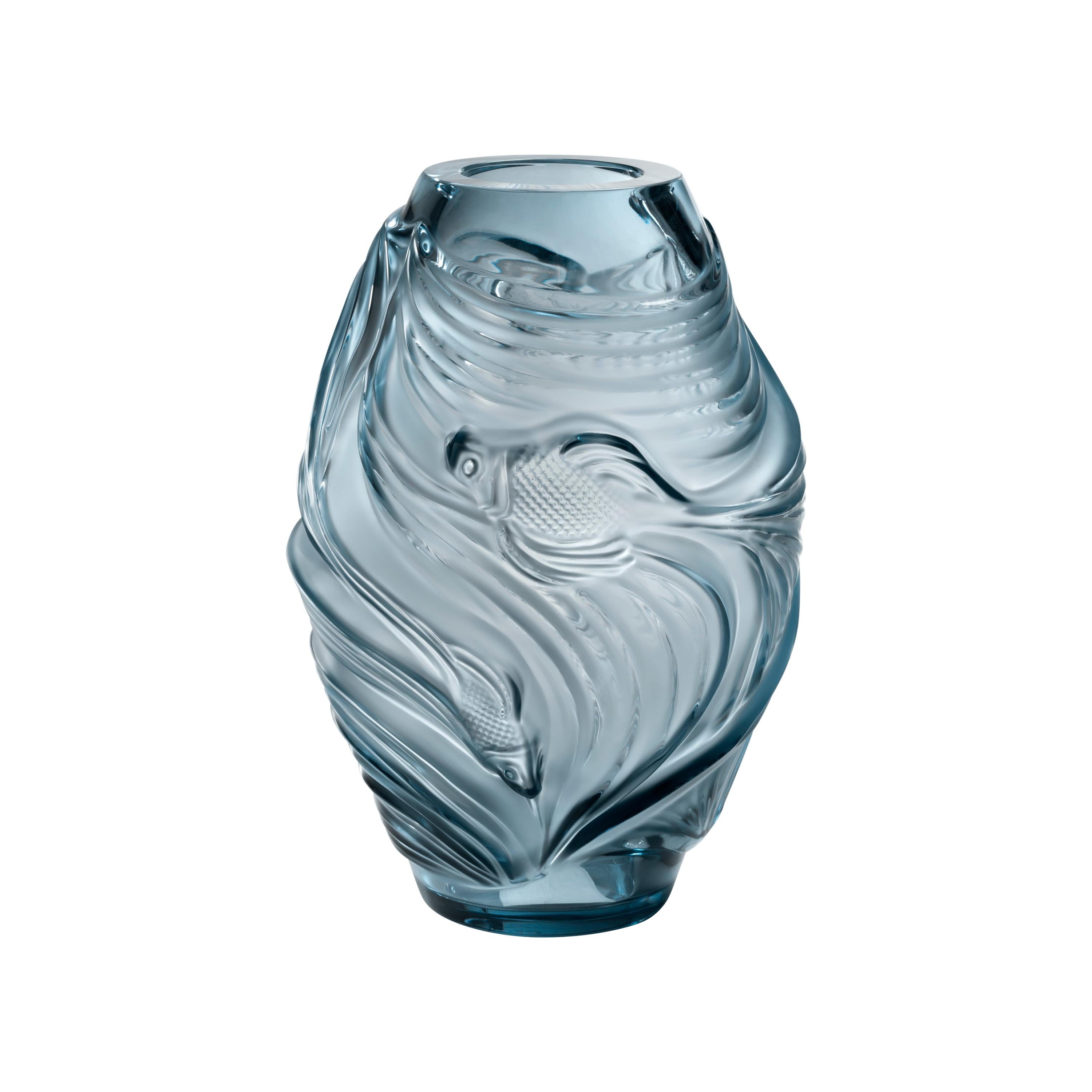Lalique Poissons Combattants Medium Vase Persepolis Blue Crystal