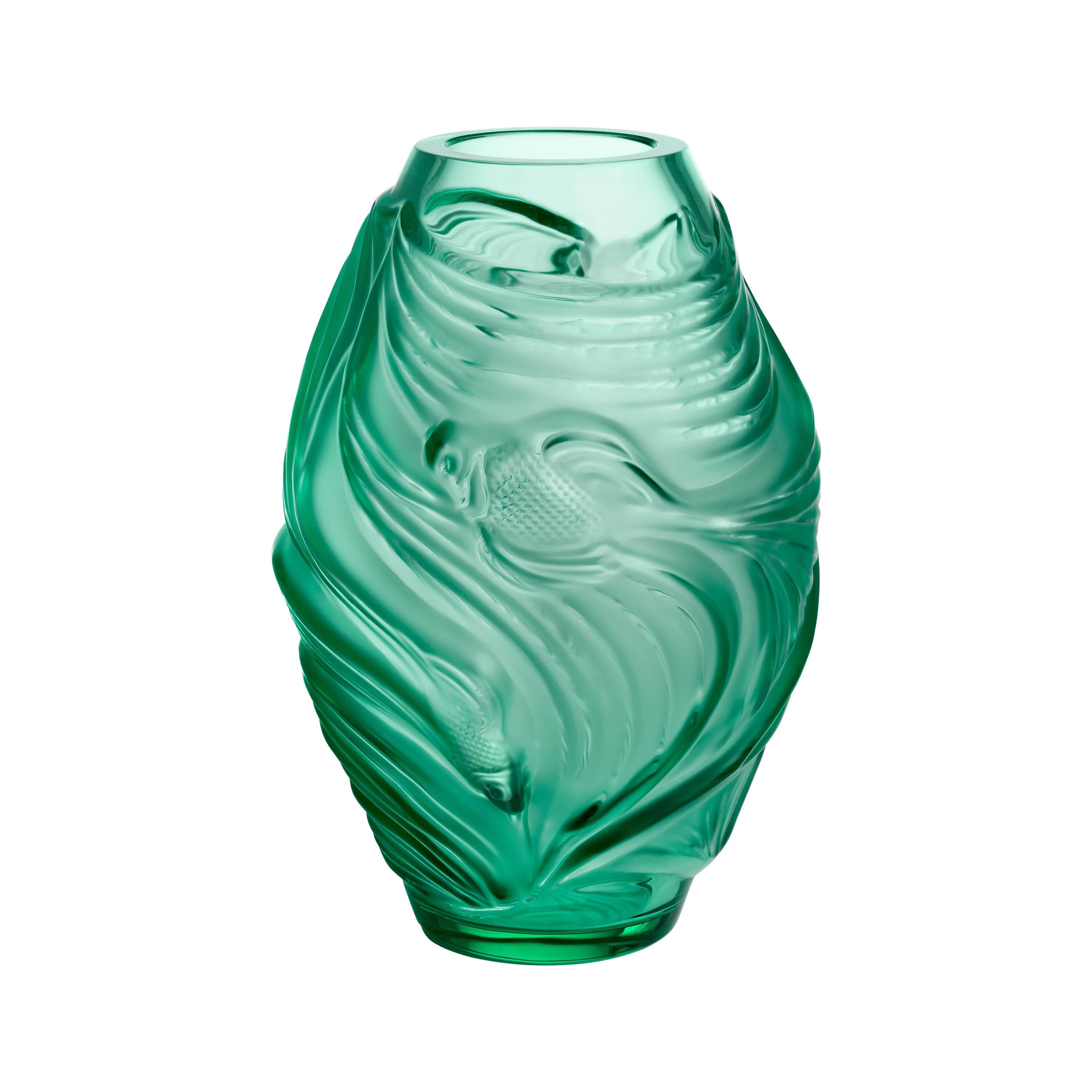 Lalique Poissons Combattants Small Vase Mint Green Crystal For Sale