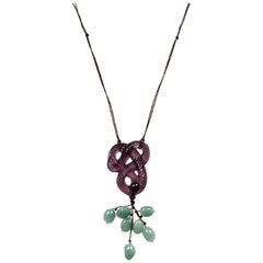 Lalique Purple Crystal Serpent Snake Rope Necklace W/ Green Aventurine