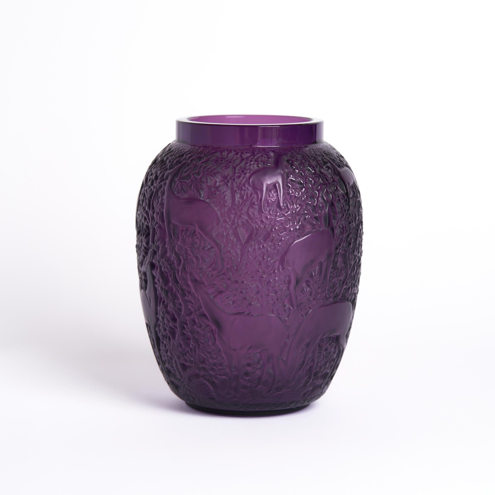 French Lalique Purple Glass Biches Vase For Sale
