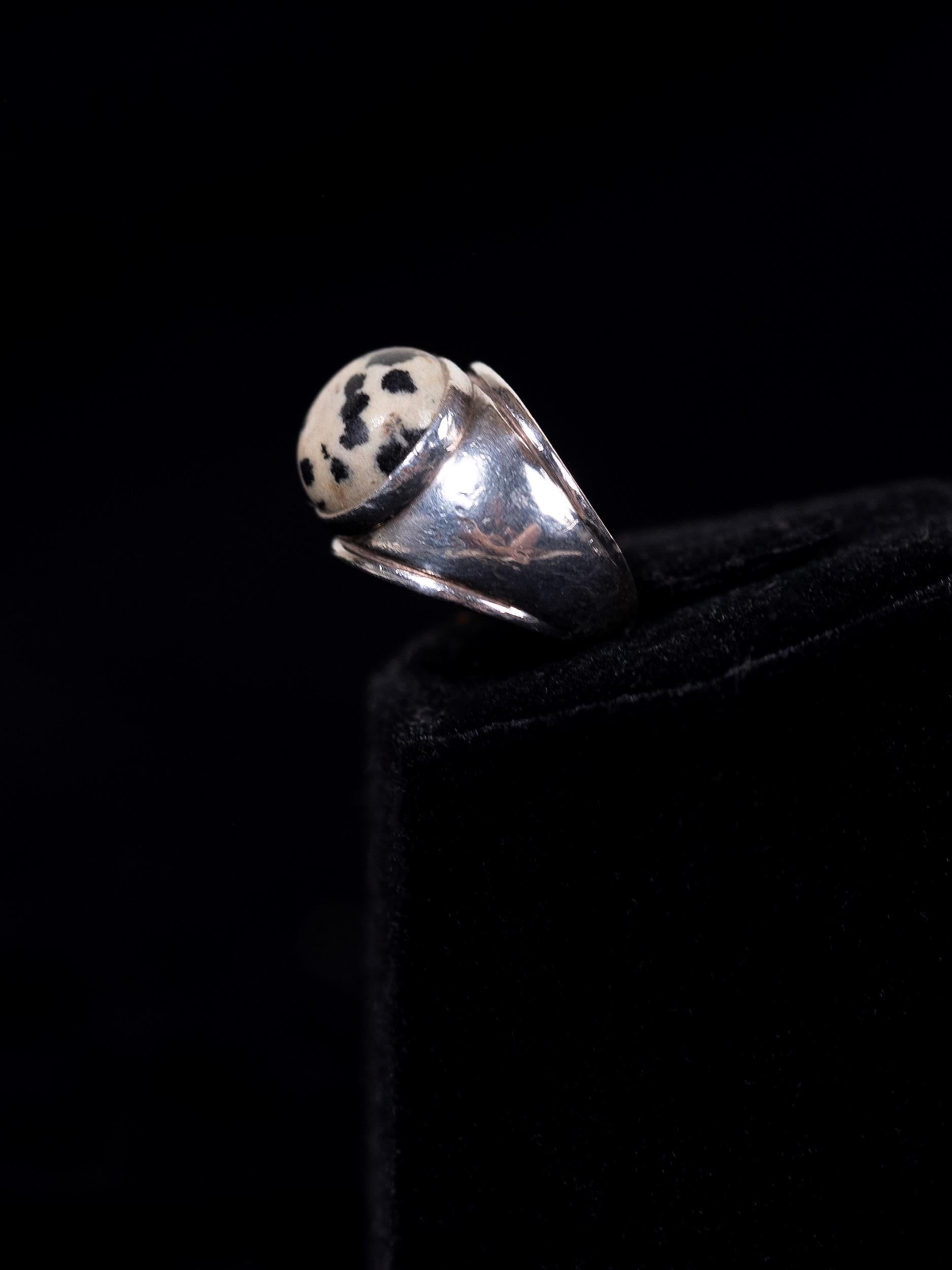 Cabochon Lalique Ring Sterling Silver Dalmatian Jasper Size 6.5