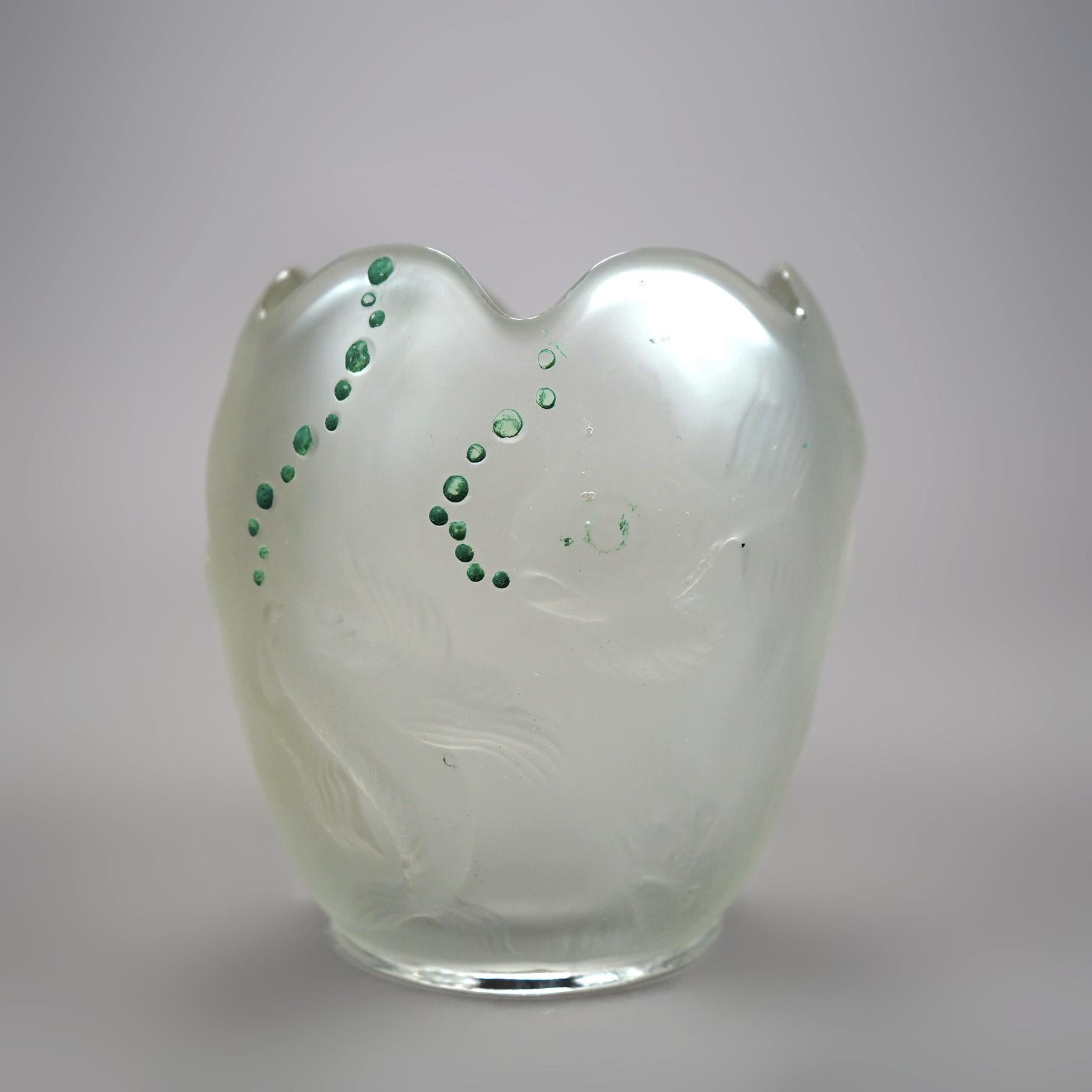European Lalique School Embossed & Enameled Fish Vase 20th C For Sale