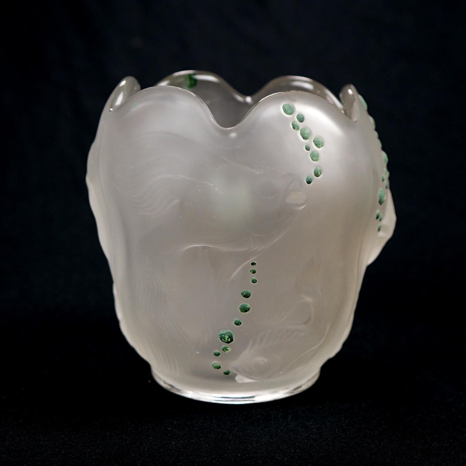 Glass Lalique School Embossed & Enameled Fish Vase 20th C For Sale