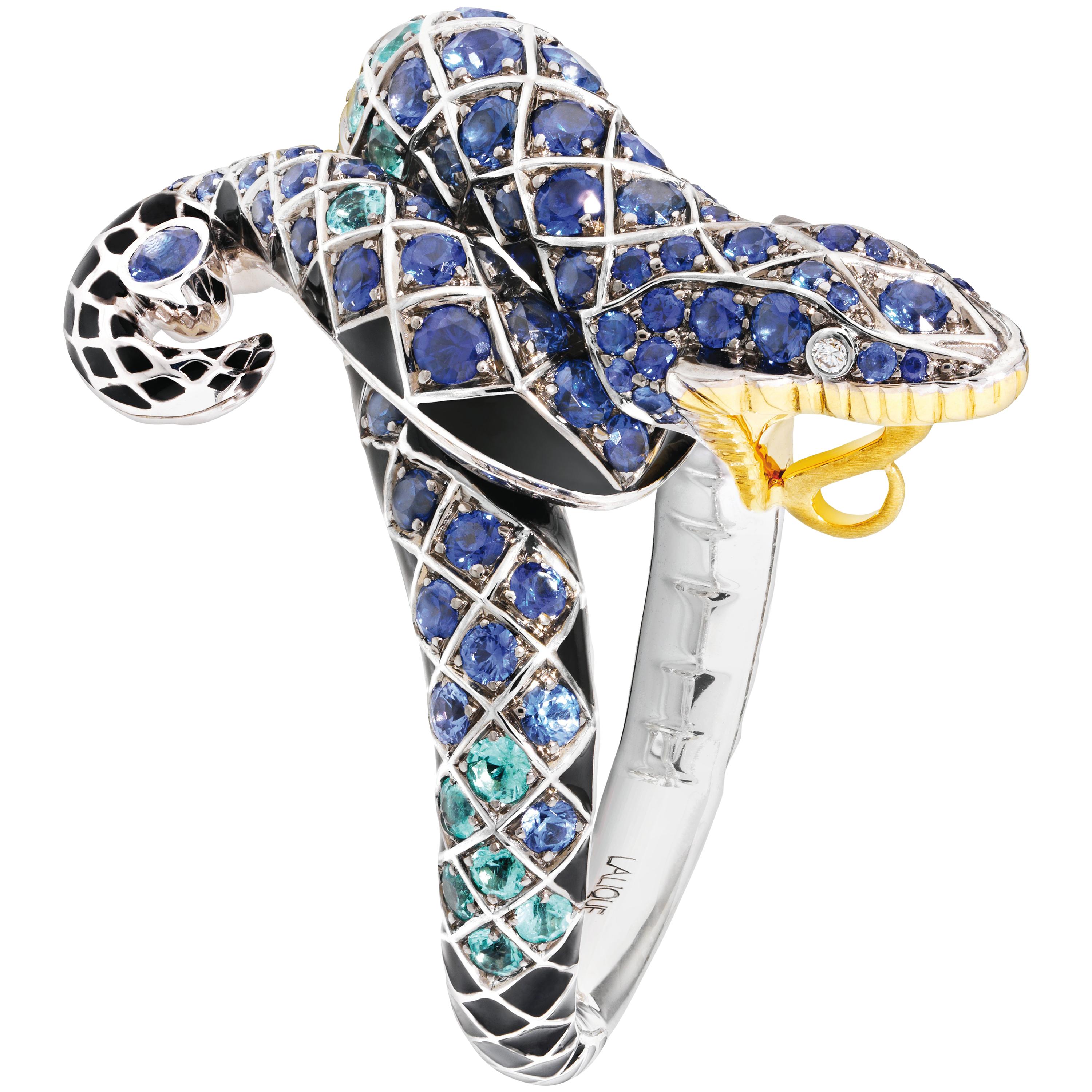 LALIQUE Serpent Ring Blue Sapphire 18K White Gold Size 53 For Sale
