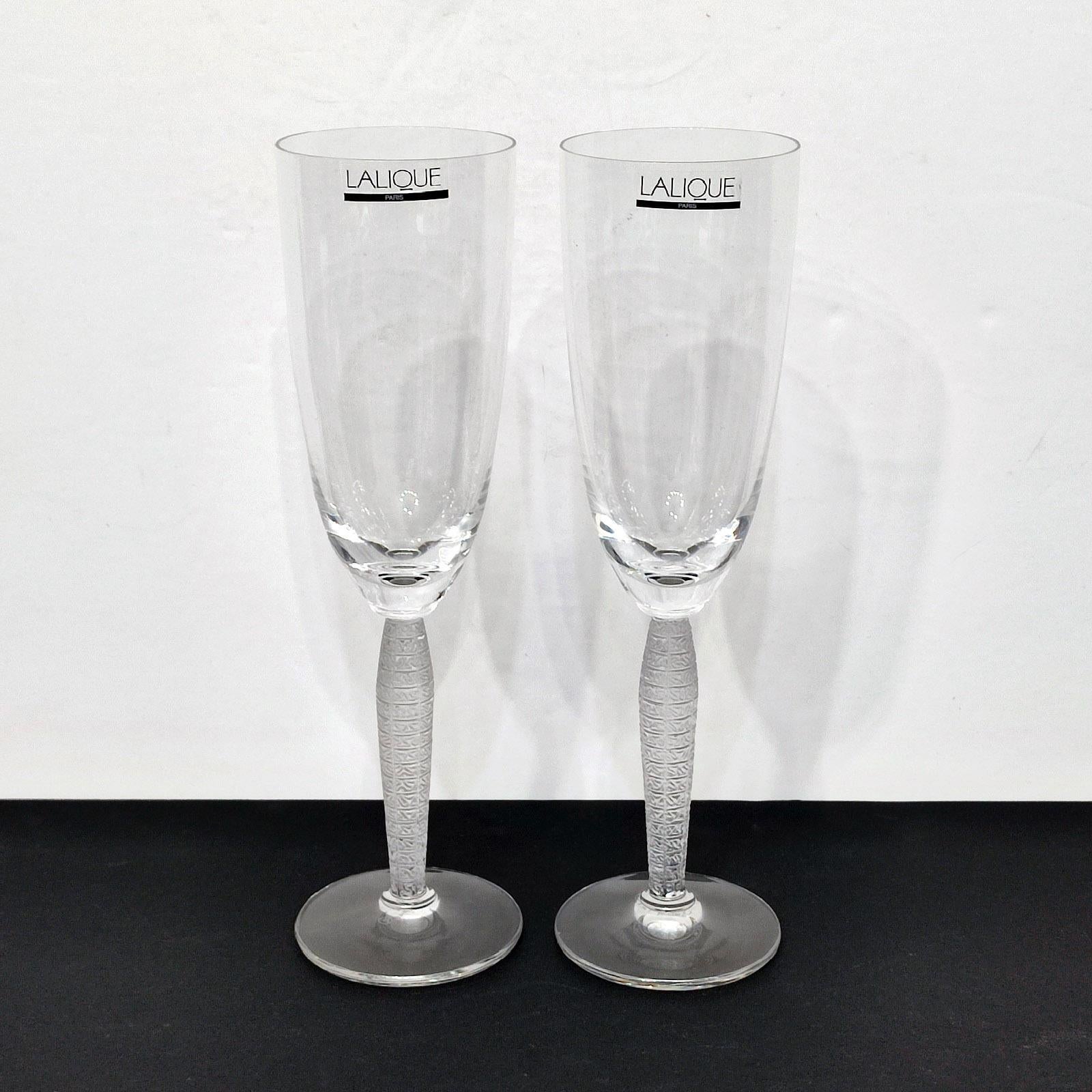 French Lalique Set Of 2 Louvre Champagne Flutes