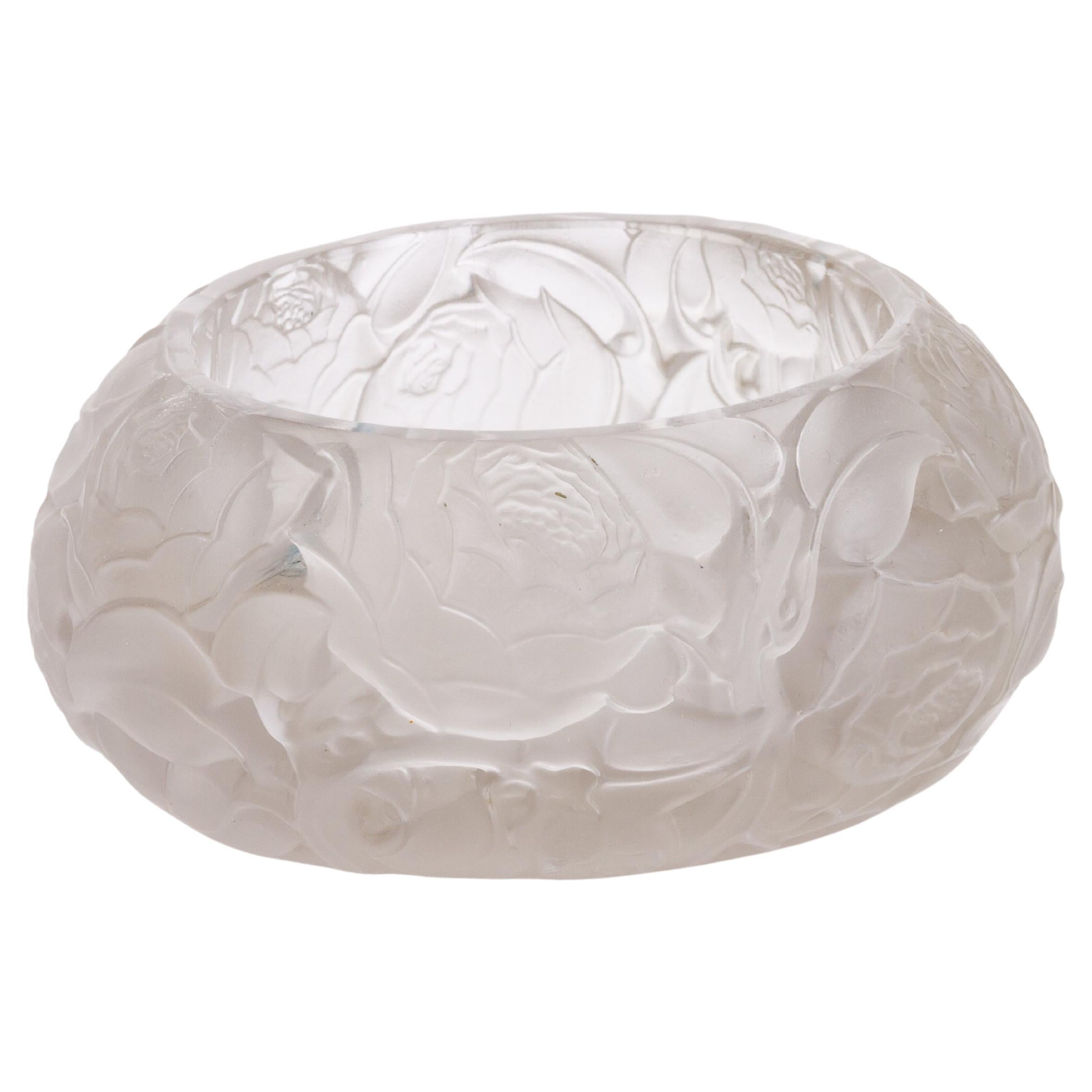 Lalique Signed French Frosted Glass Art Nouveau Roses Bowl 