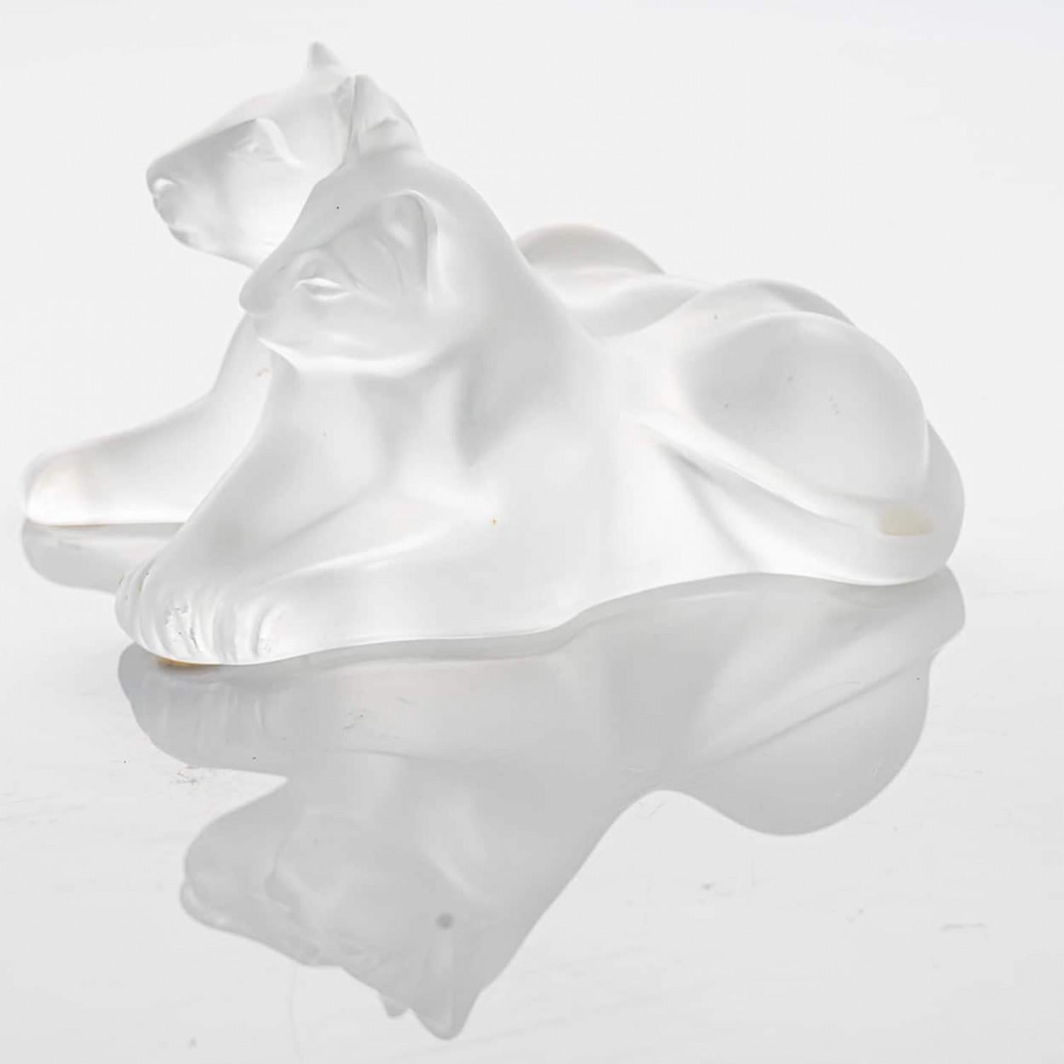 Mid-20th Century Lalique Signed Frosted Crystal Lion Cubs Sculpture, France For Sale