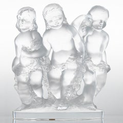 Lalique Signiert Mattiertes Kristall Skulptur Luxemburg 3 Kinder, Frankreich