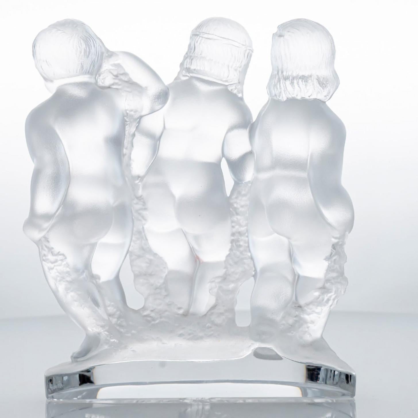 French Lalique Signed Frosted Crystal Sculpture Luxembourg 3 Children, France For Sale
