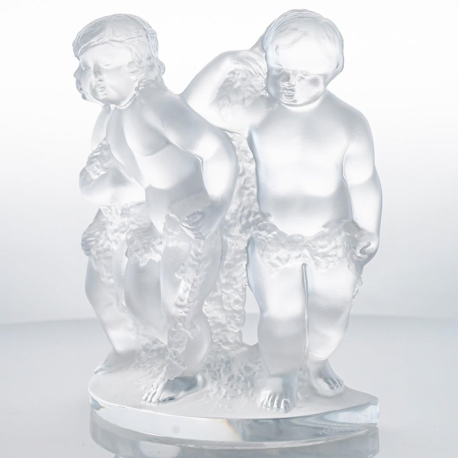 Mid-20th Century Lalique Signed Frosted Crystal Sculpture Luxembourg 3 Children, France For Sale