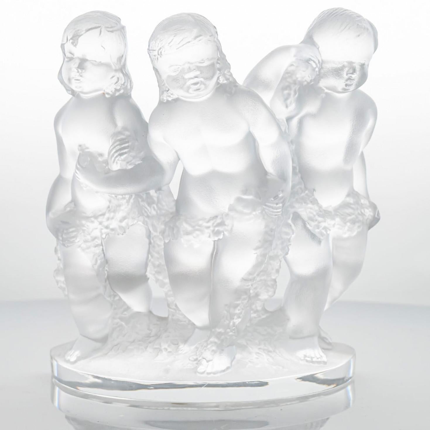 Lalique Signed Frosted Crystal Sculpture Luxembourg 3 Children, France For Sale 1