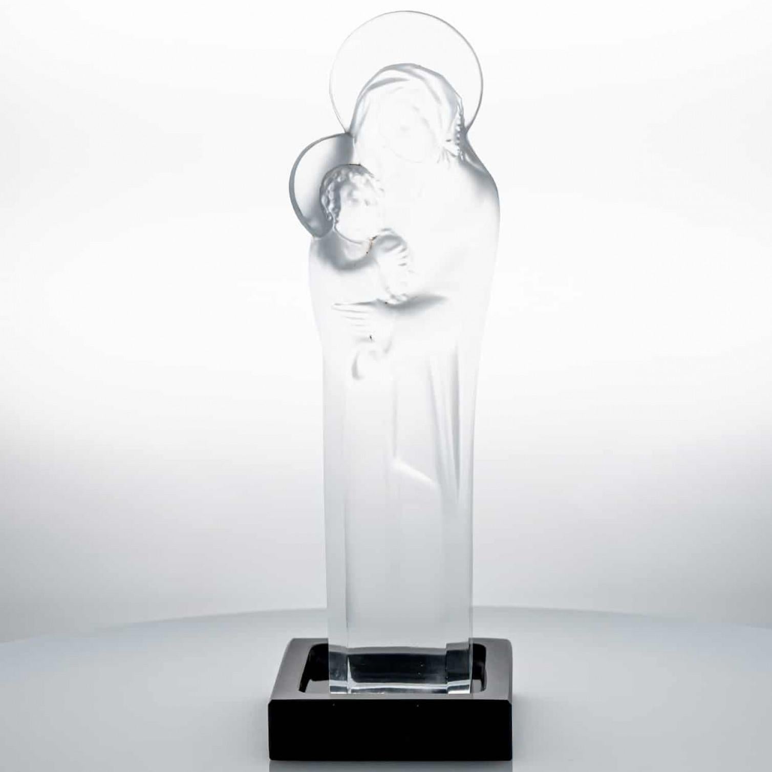 French Lalique Signed Pedestal Madonna and Child Crystal, France For Sale