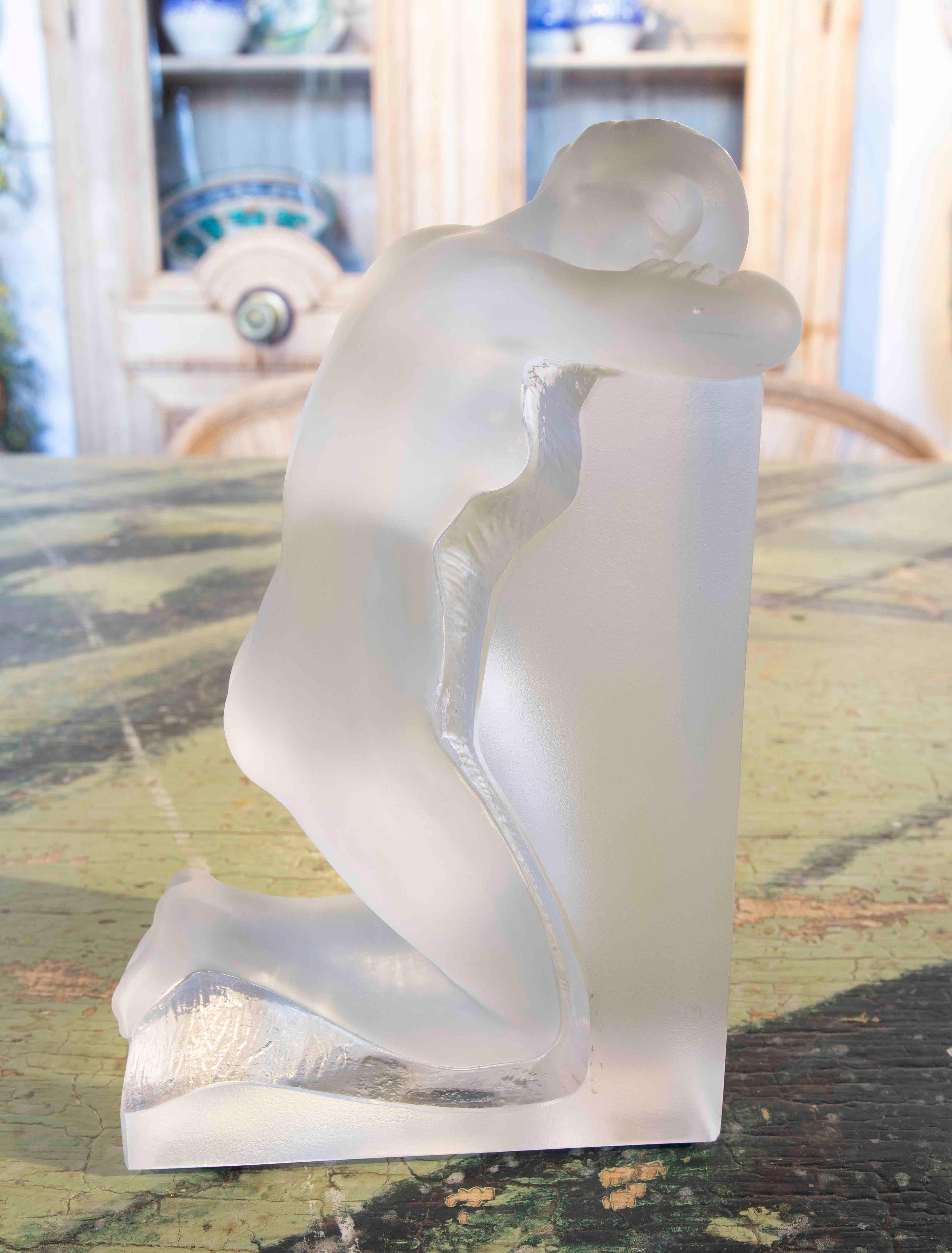Lalique Signed Sculpture in Cold Glass of a Man Lying Down.