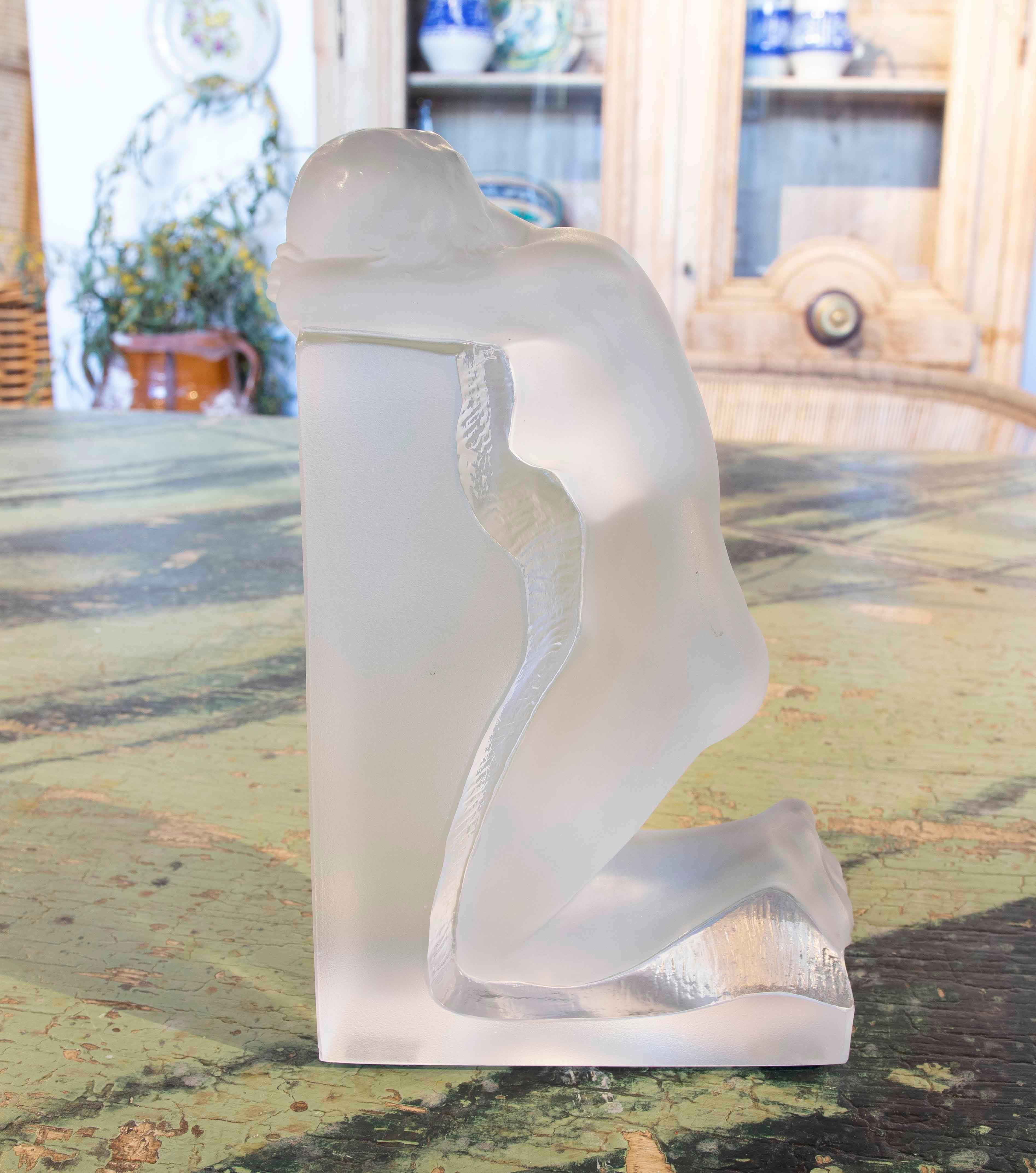 Altuglas Lalique Signed Sculpture in Cold Glass of a Man Lying Down