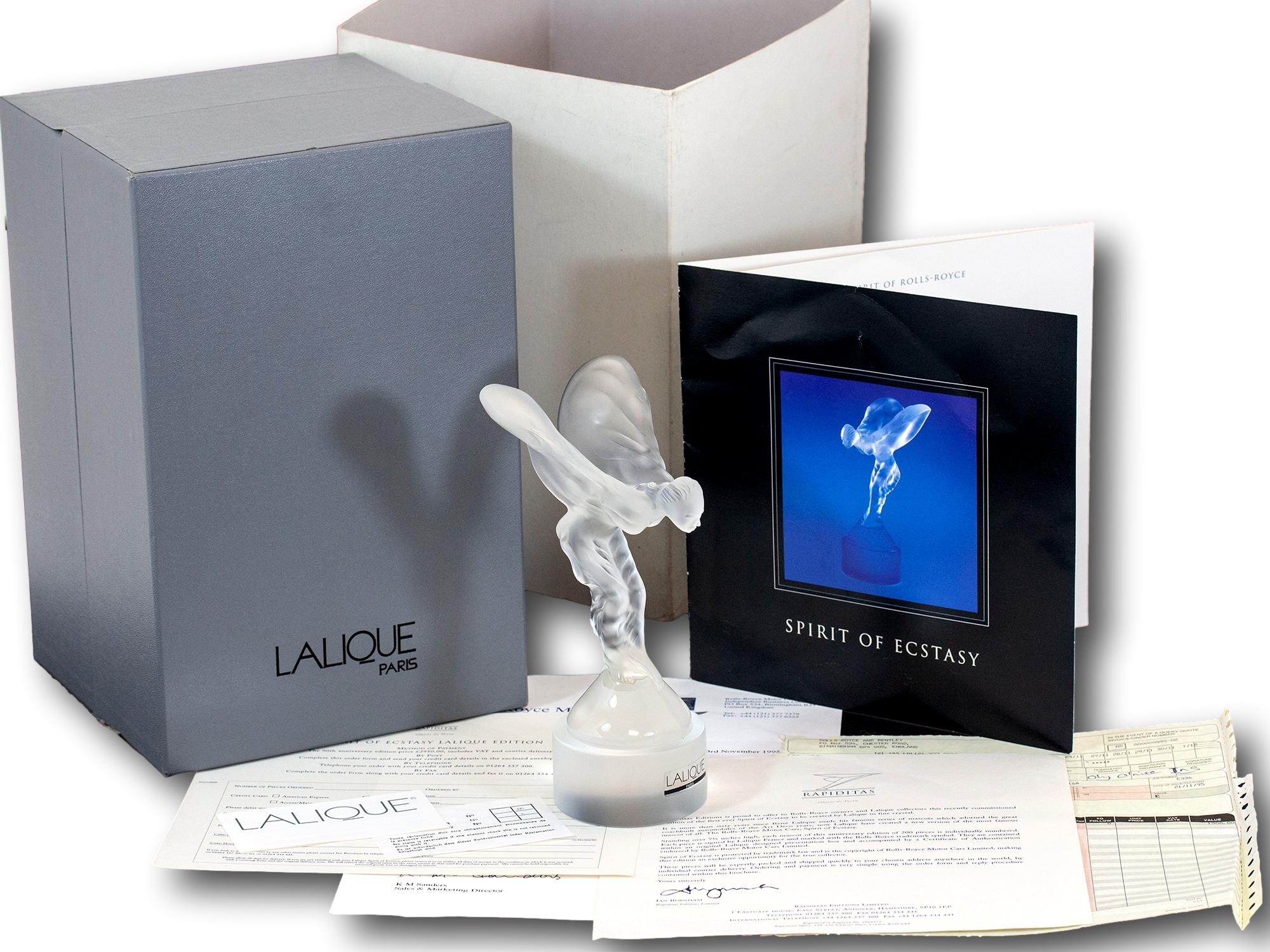 With Original Paperwork & Box 

From our Lalique collection, we are thrilled to offer this Rare Lalique Limited Edition Rolls Royce Spirit of Ecstasy Car Mascot. The mascot modelled as the original Spirit of Ecstasy designed by Charles Sykes Flying