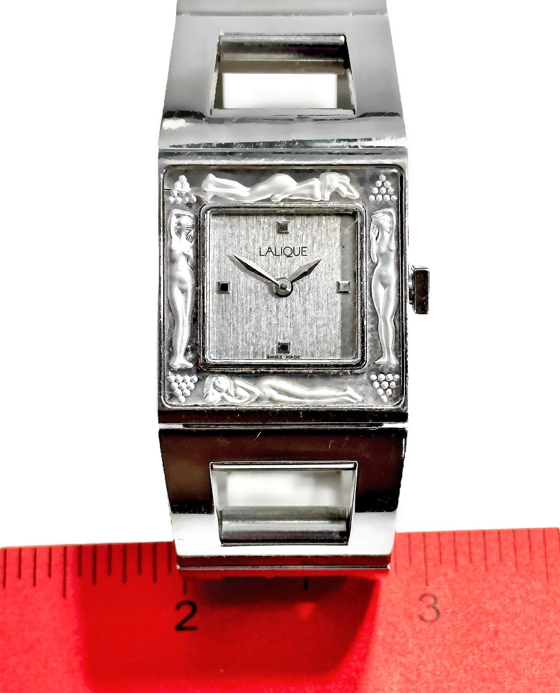 Women's or Men's Lalique Stainless Steel Wristwatch with Carved Crystal Bezel
