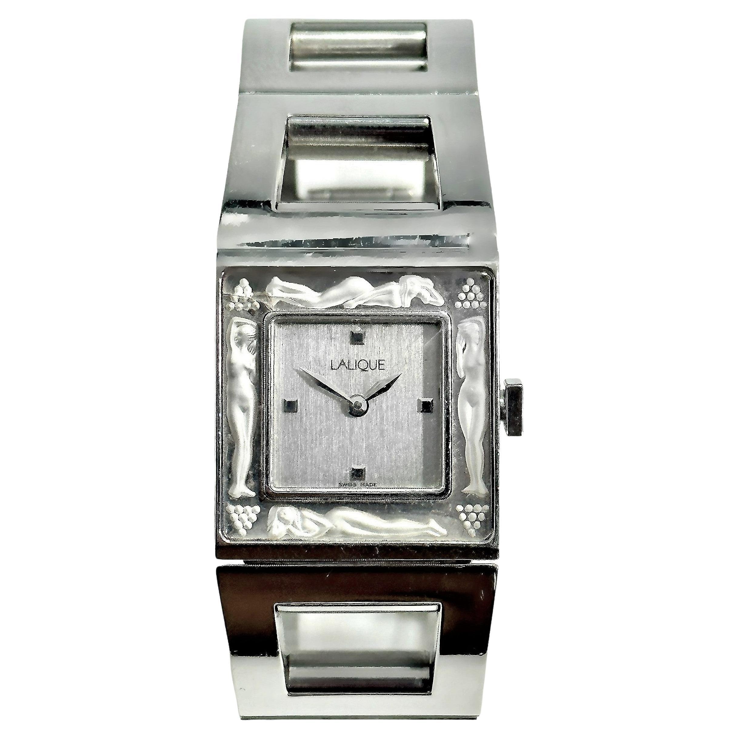 Lalique Stainless Steel Wristwatch with Carved Crystal Bezel