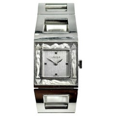 Vintage Lalique Stainless Steel Wristwatch with Carved Crystal Bezel