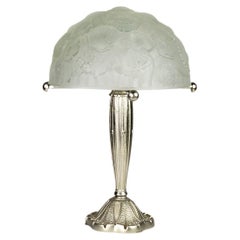 Lampada da tavolo in ottone nichelato stile Lalique Art Deco, anni '20