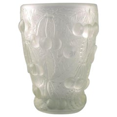 Lalique Style Art Glass Vase in Clear Glass with Cherries in Relief, 1930s-1940s