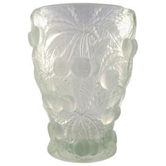 Lalique Style Art Glass Vase in Clear Glass with Cherries in Relief, 1950s