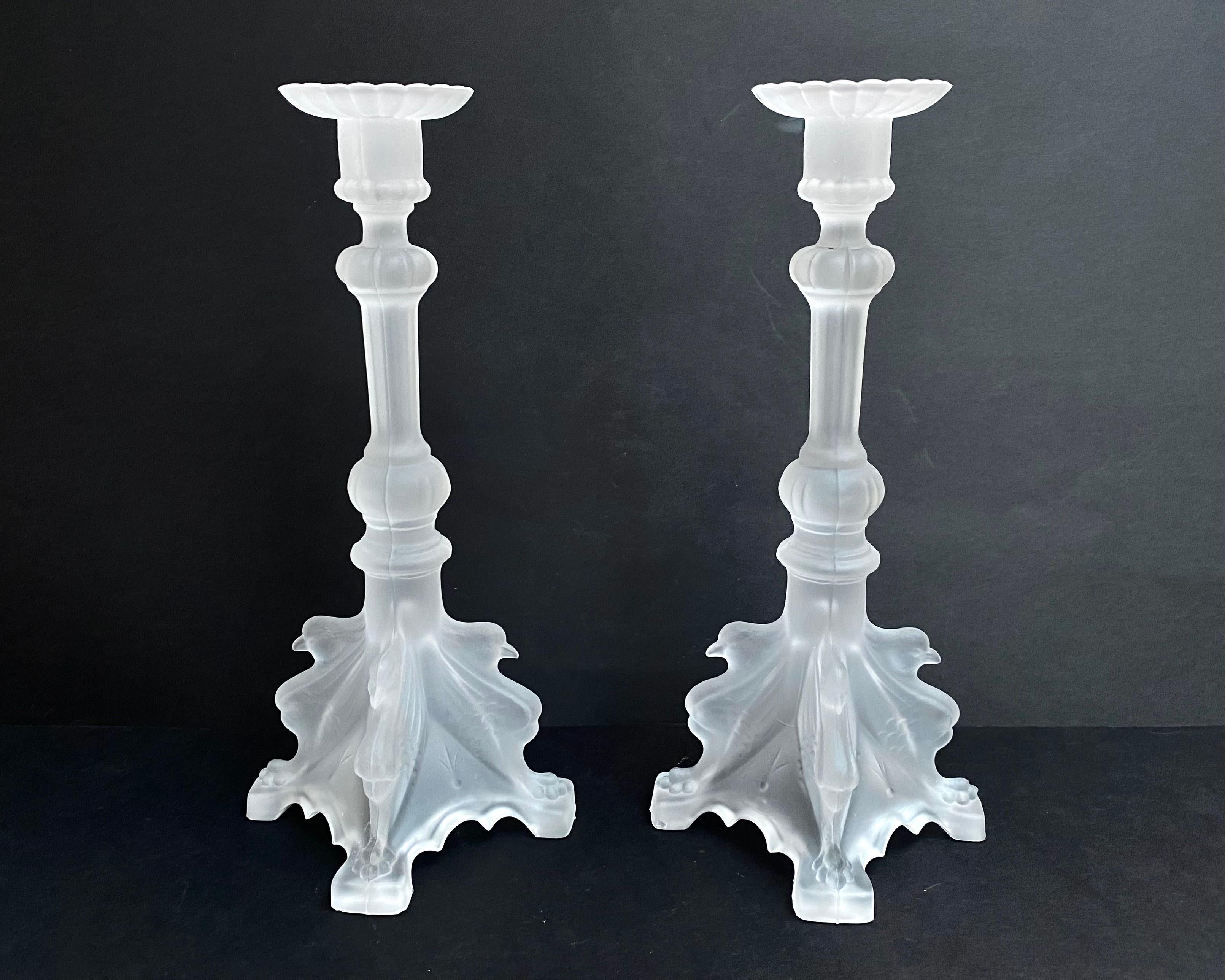 French Lalique Style Vintage Candlesticks in Frosted Glass, Set 2, France, 1960s For Sale