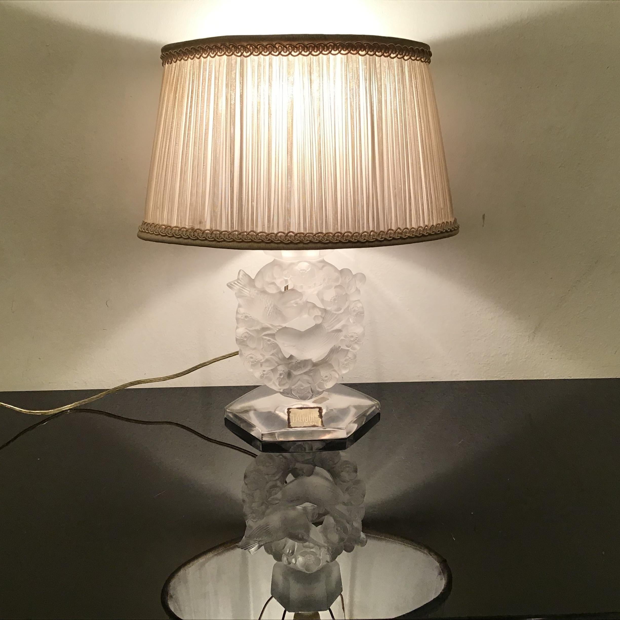 Lalique Table Lamp Glass Silk Lampshade, 1930, France For Sale 10