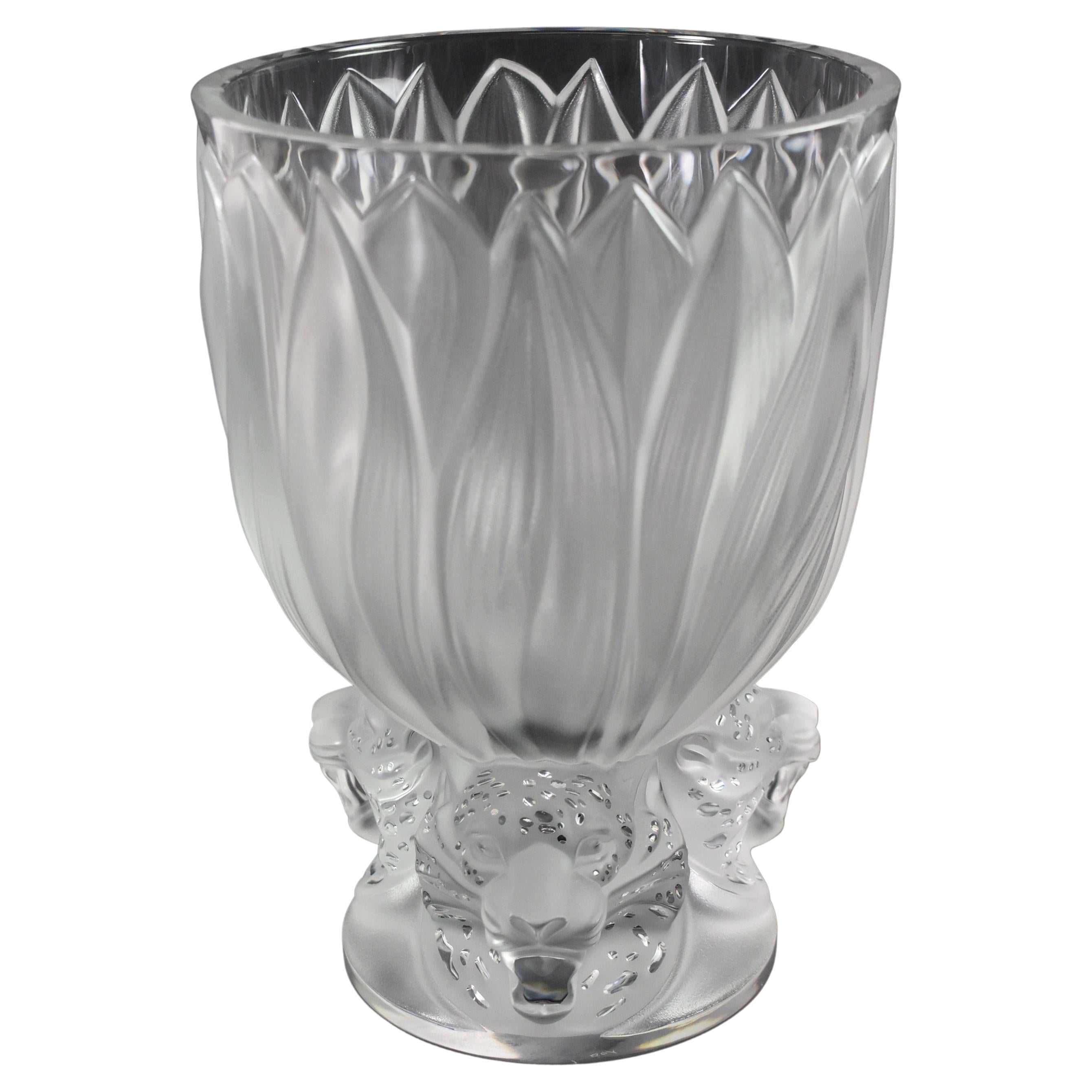 Lalique "Three Headed Jaguars" 11.25" tall Vase For Sale