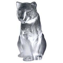Lalique Tigre Assis, Sitting Tiger Grand Crystal Sculpture, Signed, 2003
