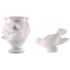 Lalique, Vase and Bird in Clear Art Glass, 1980s