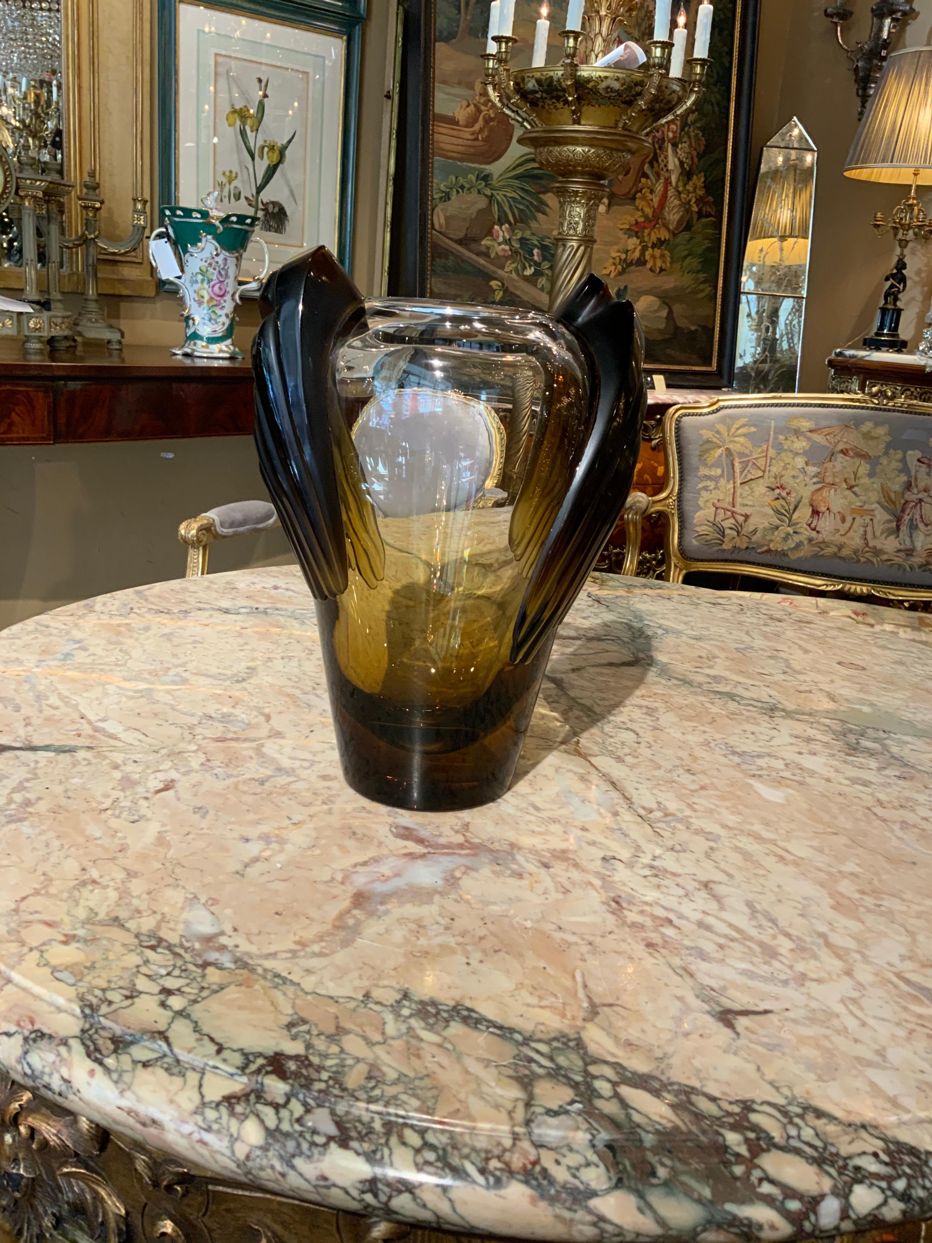 Large and beautiful Art Deco style amber or smoked glass with Lalique R France
Etched on the bottom.