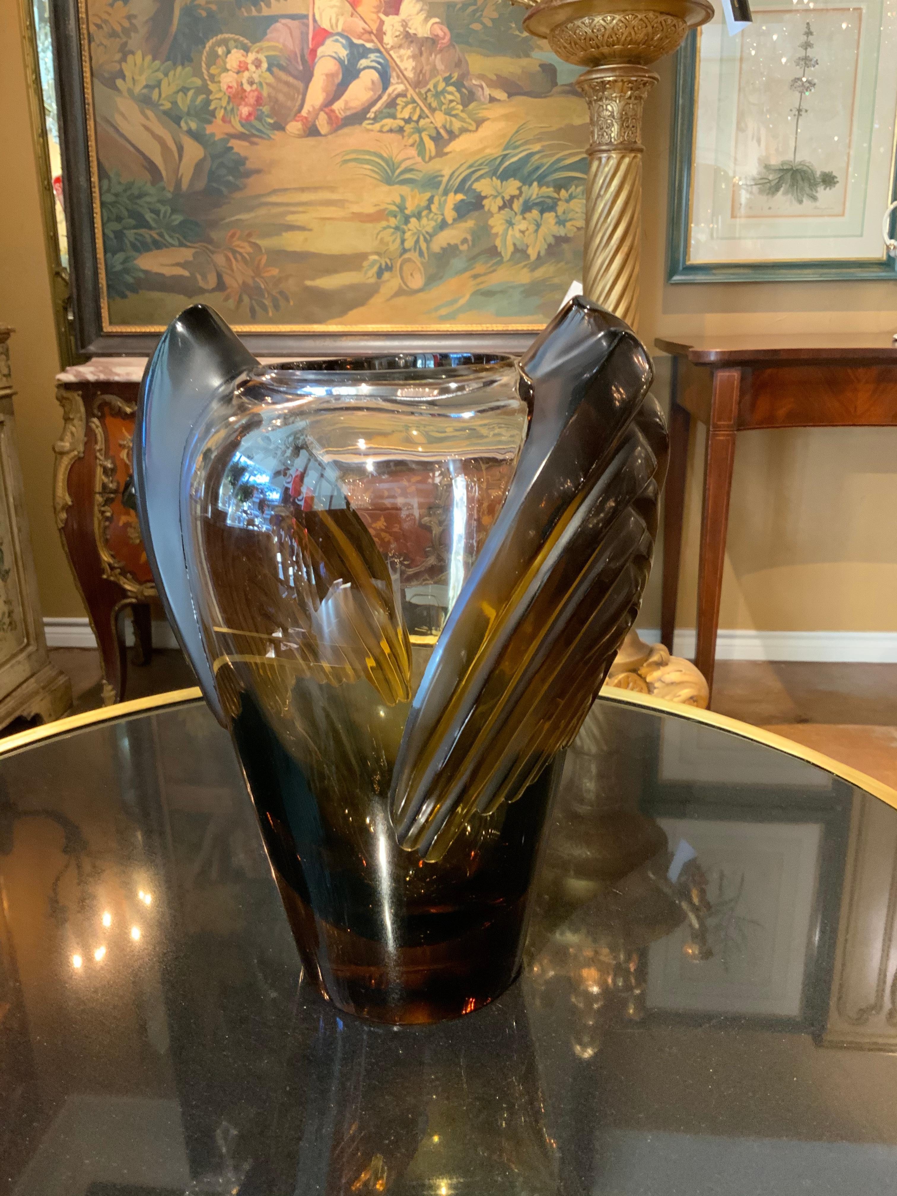 Large and beautiful Art Deco style amber/smoked glass with Lalique R France
Etched on the bottom.