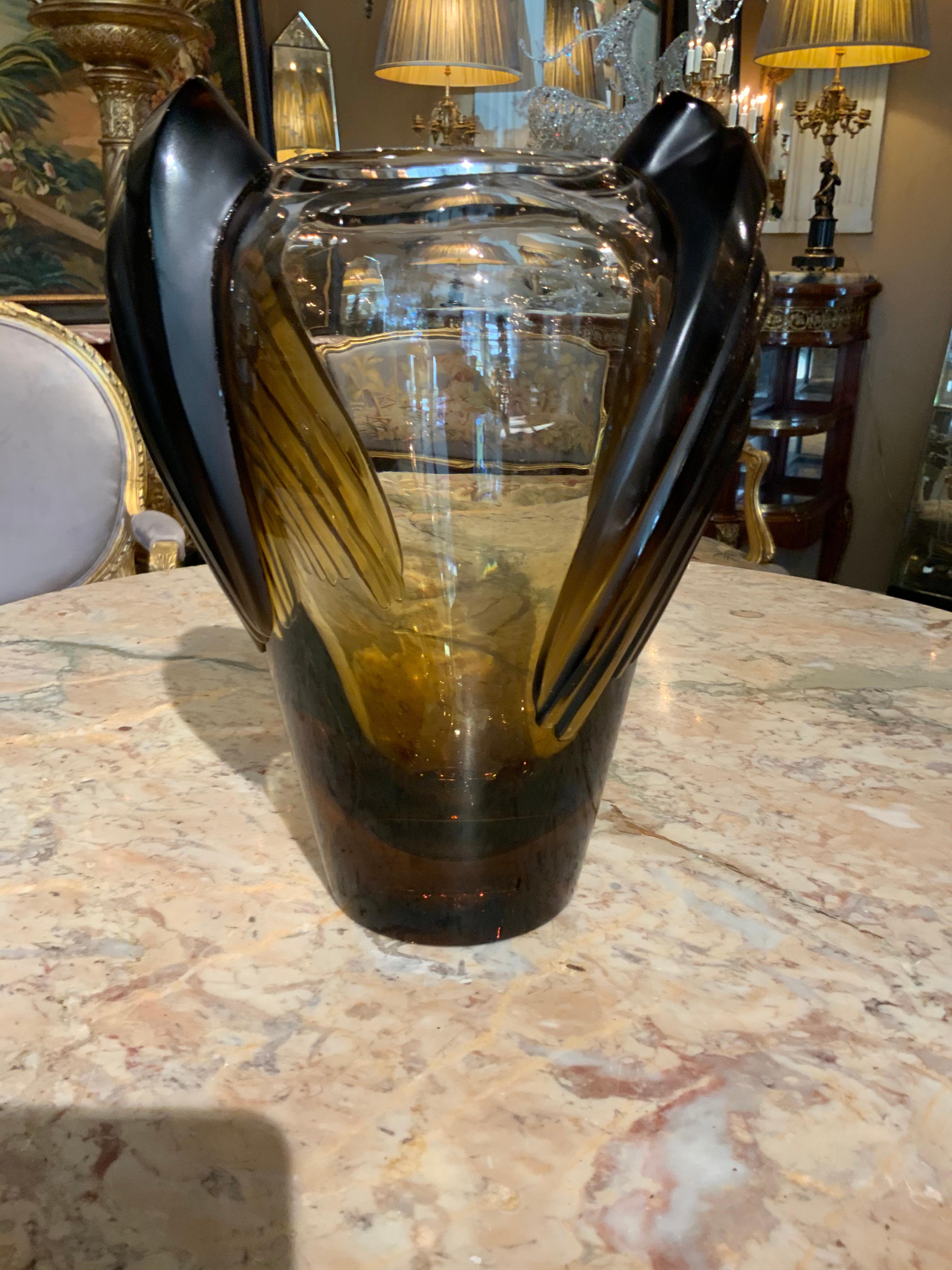 French Lalique Vase “Marrakesh” in Smoked Amber Glass, Art Deco Style For Sale