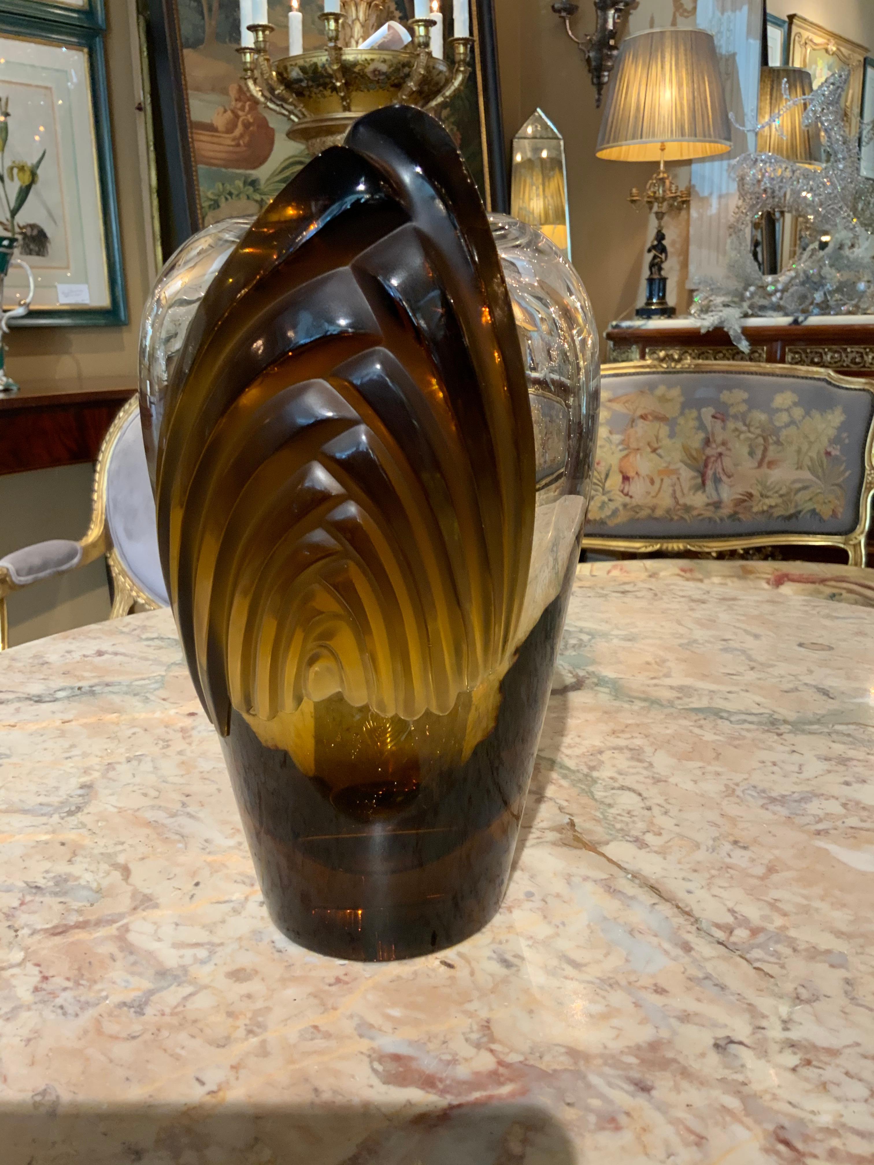 French Lalique Vase “Marrakesh” in Smoked Amber Glass, Art Deco Style