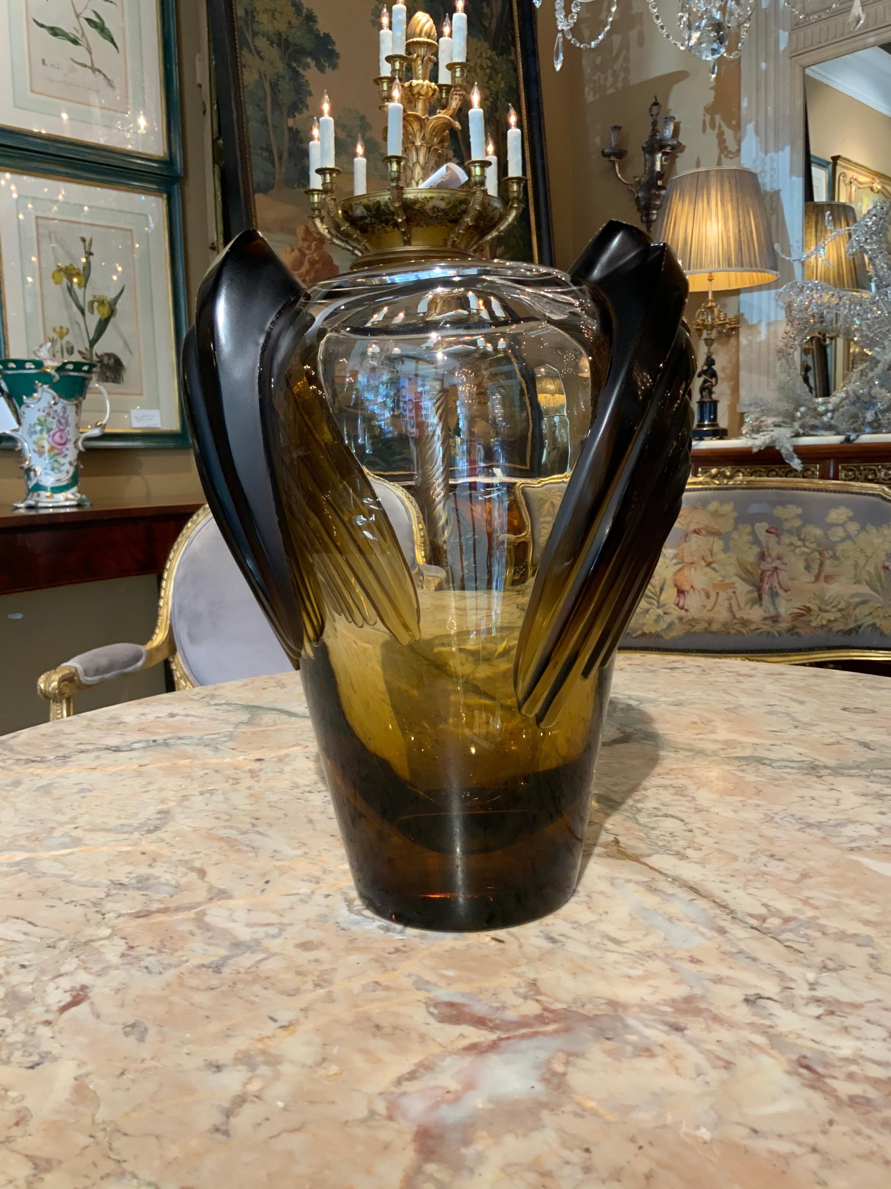 20th Century Lalique Vase “Marrakesh” in Smoked Amber Glass, Art Deco Style For Sale