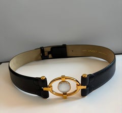 LALIQUE Vintage Black Leather Belt Central Gold Oval Carved Crystal Buckle 1990s