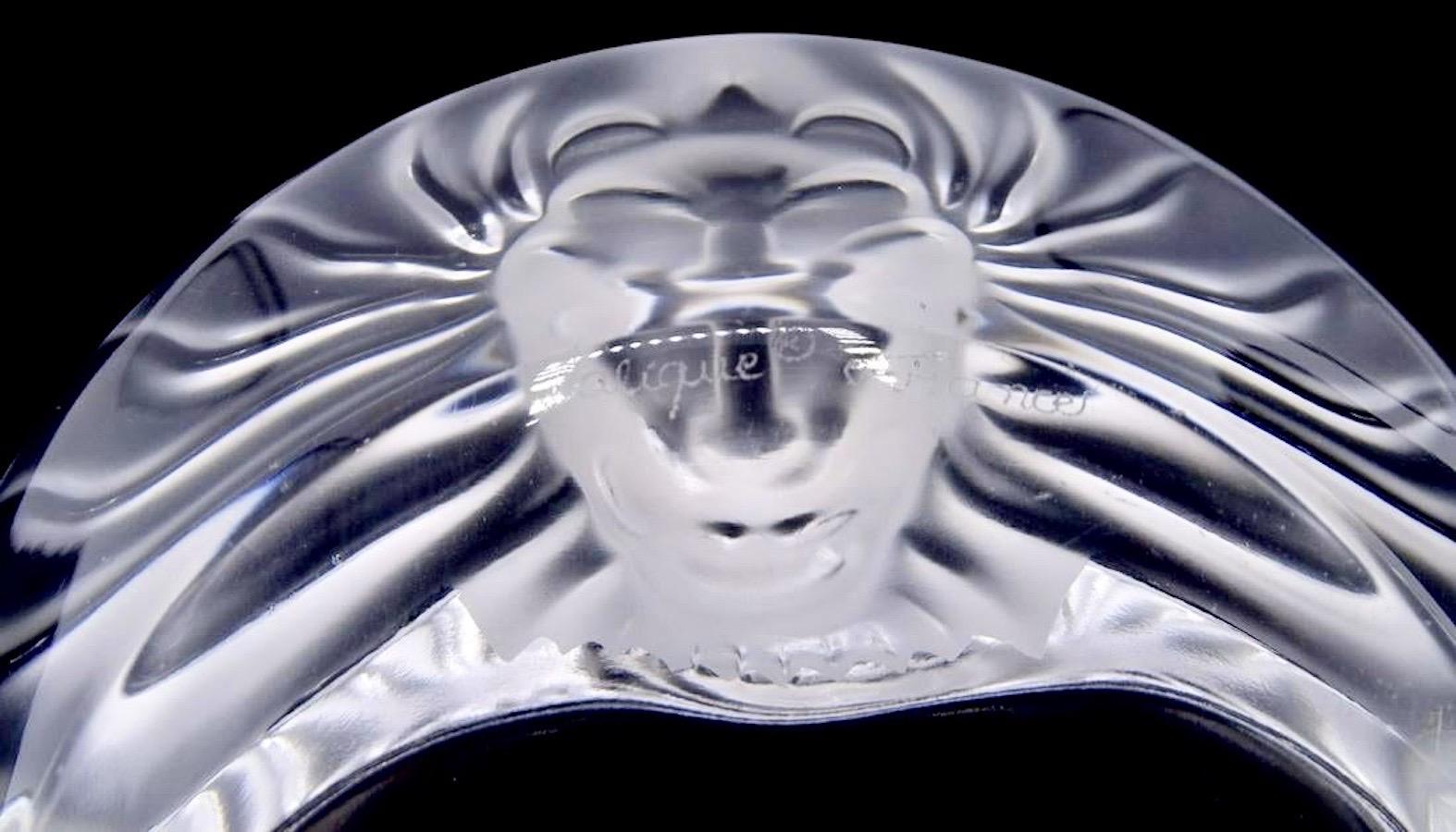 Lalique vintage lion crystal bowl, clear basin, dish, ashtray, signed. Heavy crystal.