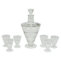 Lalique Vouvray Crystal Decanter and Six Matching Liqueur Glasses