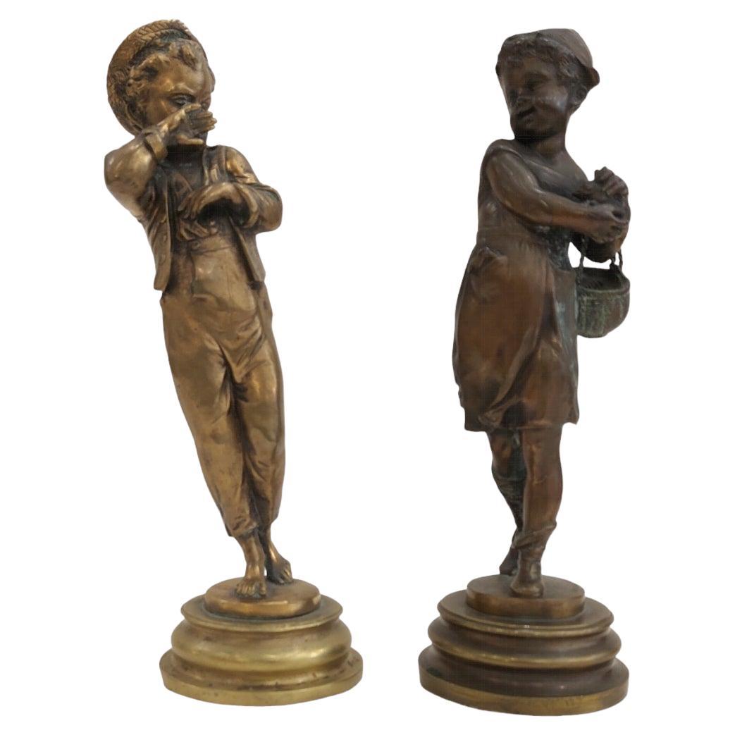 LALOUETTE Auguste Louis (French 1826 - 1883) "Children Couple" Bronze Sculptures For Sale