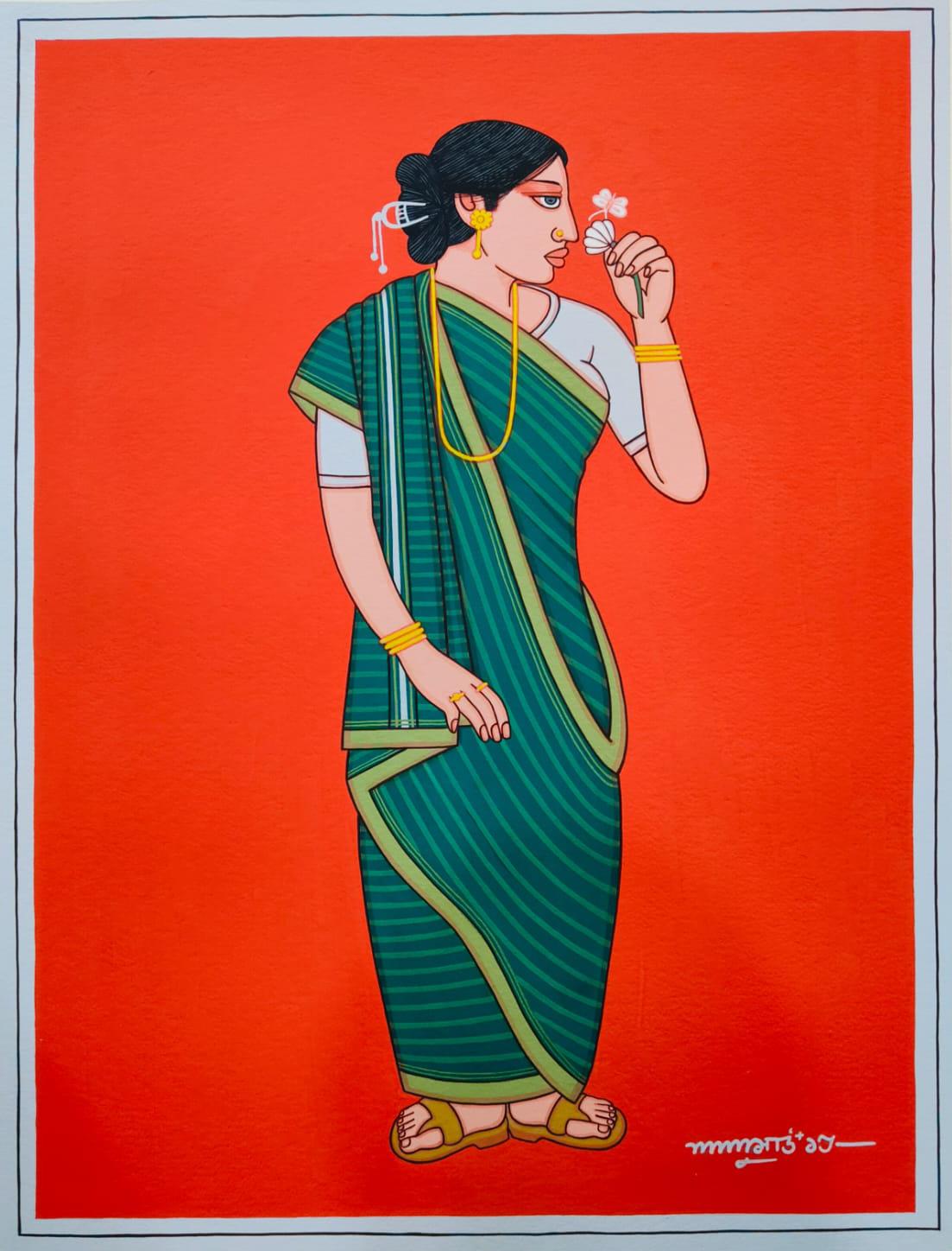 Babu & Bibi, Tempera su tavola, (Set di 2) Artista Lalu Prasad Shaw 