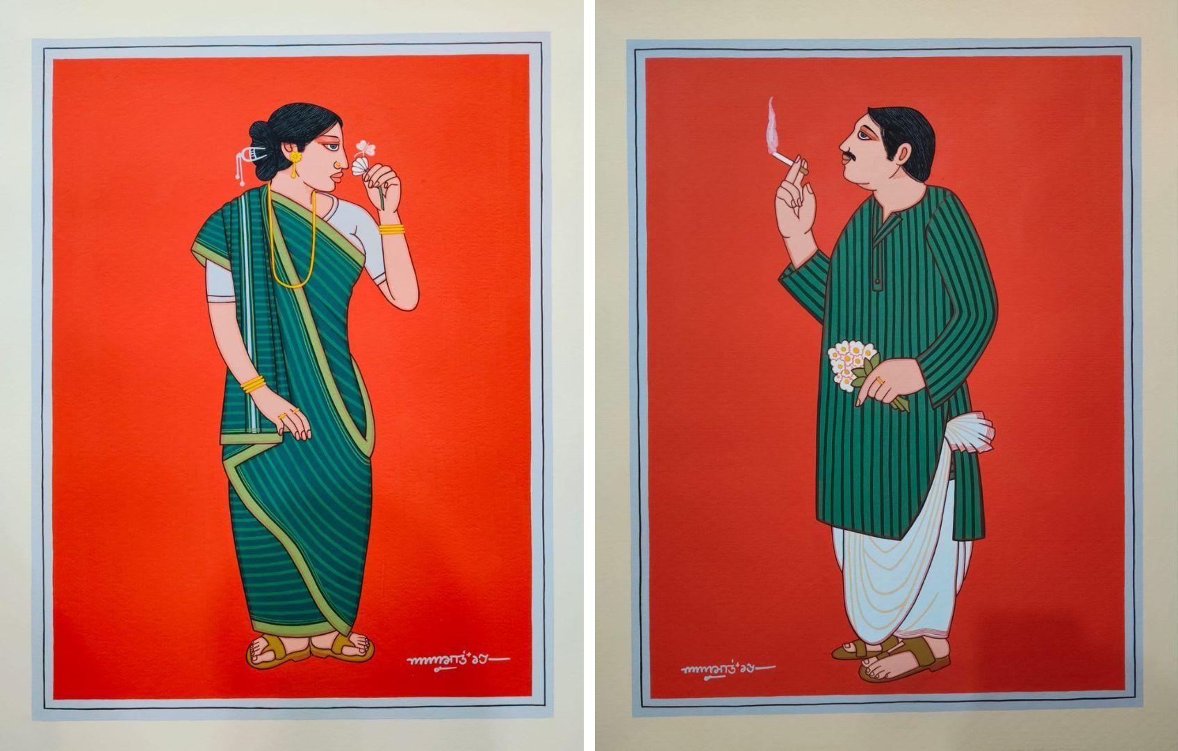 Babu & Bibi, Tempera su tavola, (Set di 2) Artista Lalu Prasad Shaw "In stock"