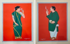 Babu & Bibi, Tempera su tavola, (Set di 2) Artista Lalu Prasad Shaw "In stock"