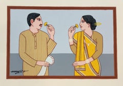 Babu - Biwi, Tempera on Board, by Lalu Prasad Shaw "In Stock"