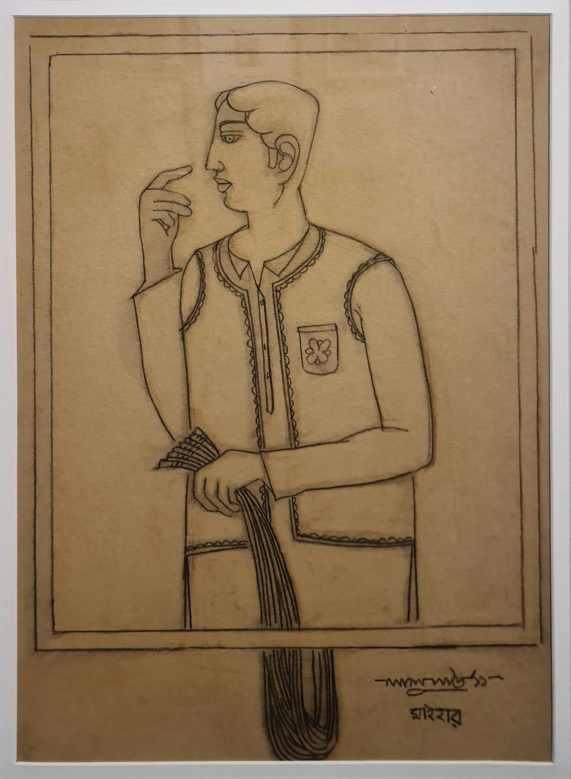 Babu, anthracite et Conte sur papier, couleur marron par Lalu Prasad Shaw « en stock »