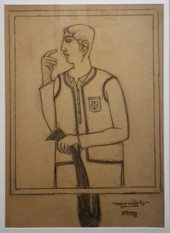 Babu, Charcoal and Conte on Paper, Brown Colour by Lalu Prasad Shaw "In Stock"